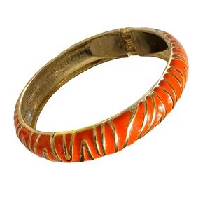 Orange Tiger Stripe Enamel And Goldtone Hinged Bangle Bracelet